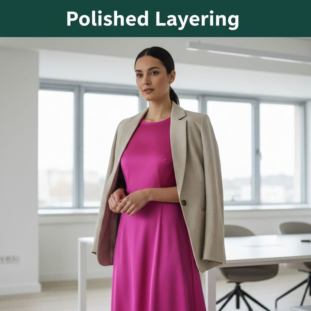 A person wears a beige blazer over a fuchsia dress in a bright office environment.