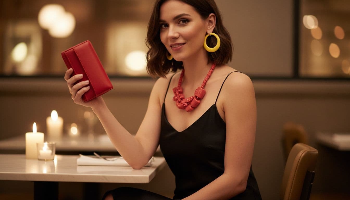Late-20s woman in black slip dress with yellow hoop earrings, coral necklace, and red clutch sits playfully at candlelit restaurant table.