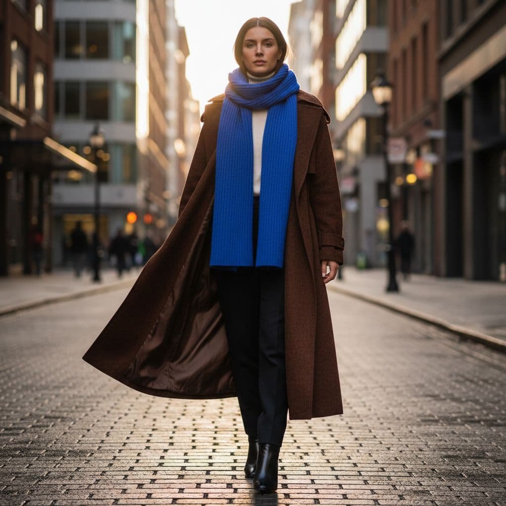 A person stands on a city sidewalk wearing a chocolate brown trench coat and electric blue scarf.