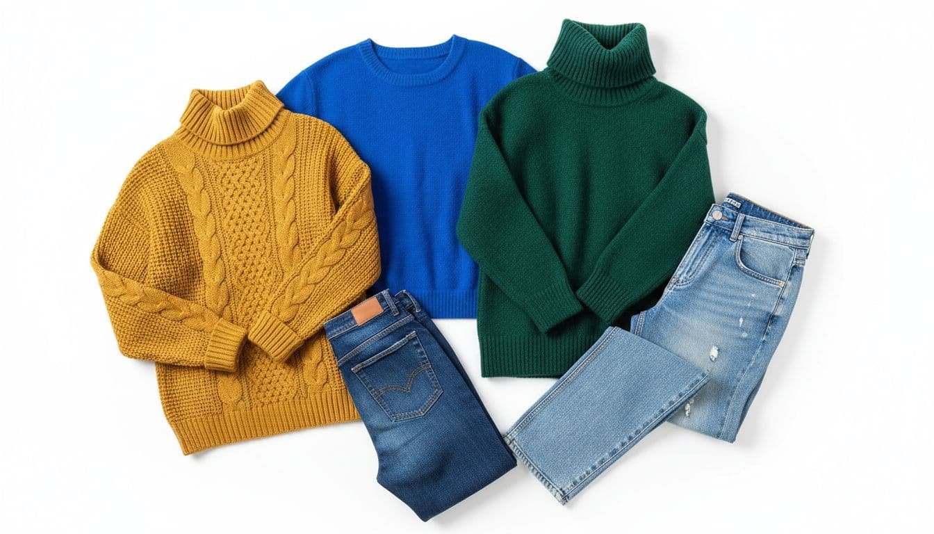 A flat lay arrangement of three vibrant sweaters and two pairs of blue jeans on a white background.