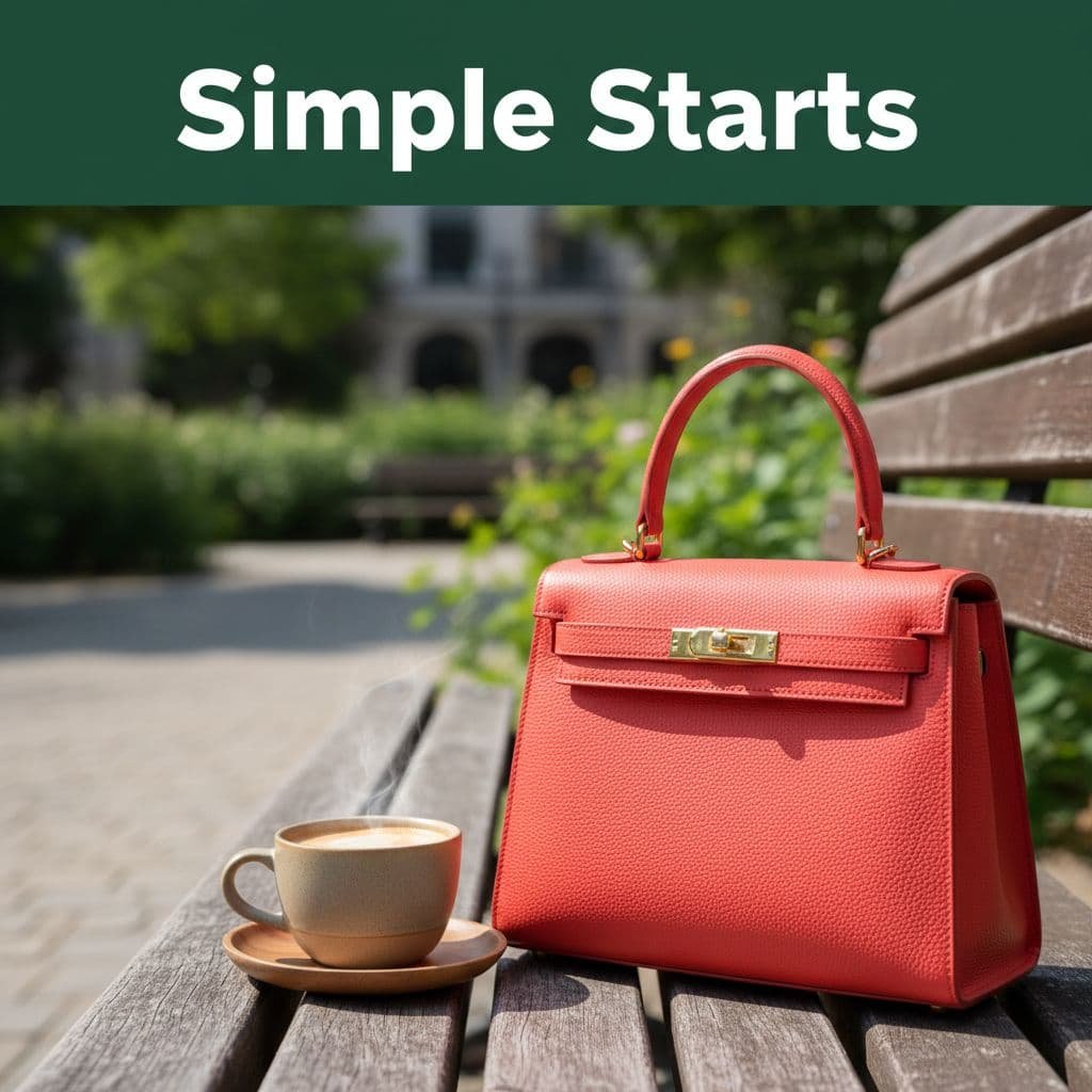Bright coral handbag on wooden bench next to neutral coffee cup in outdoor setting, dark-green band with 'Simple Starts' at top.