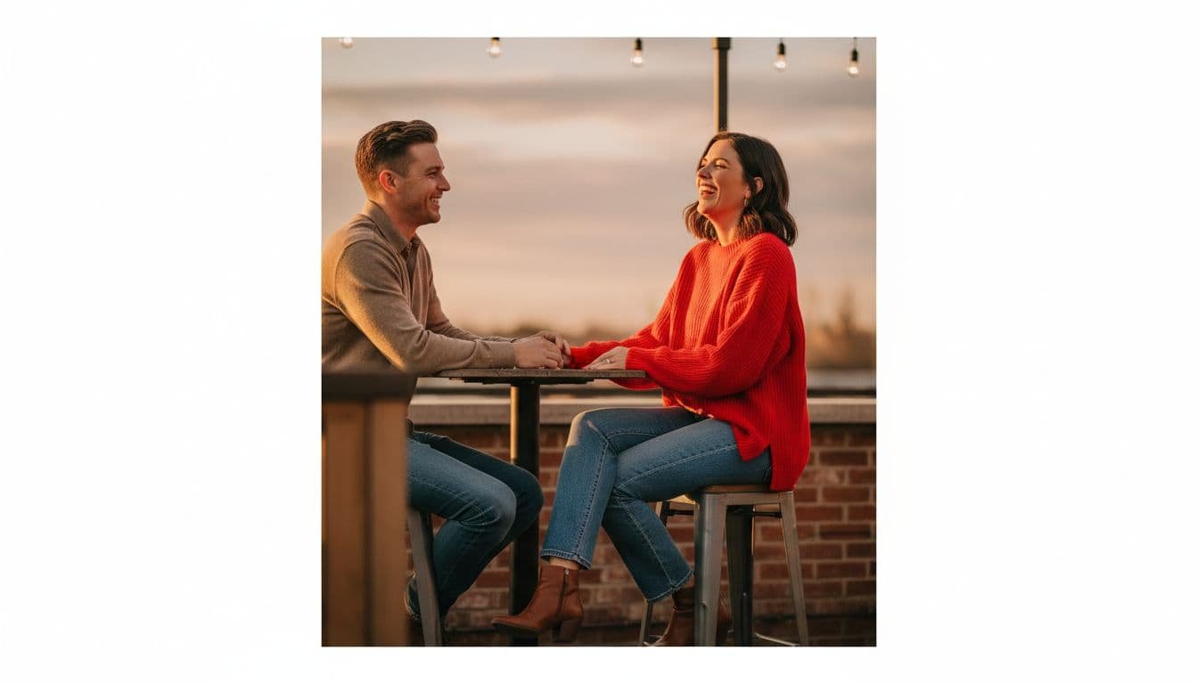 Happy early-30s woman in oversized red sweater tucked into high-waisted jeans and ankle boots laughs with partner at outdoor high-top table at golden hour sunset.