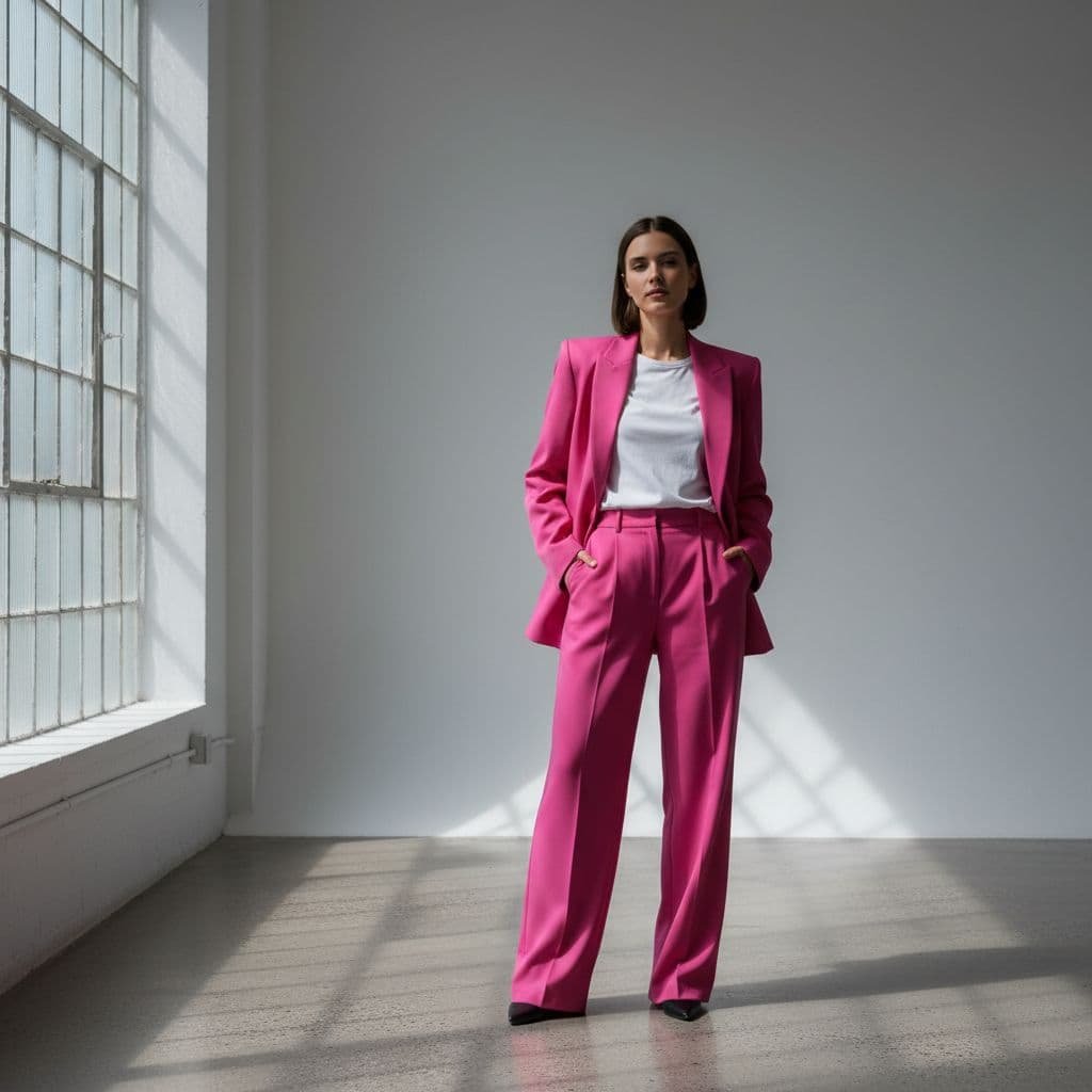 Person wearing hot pink blazer and trousers stands in bright modern studio.