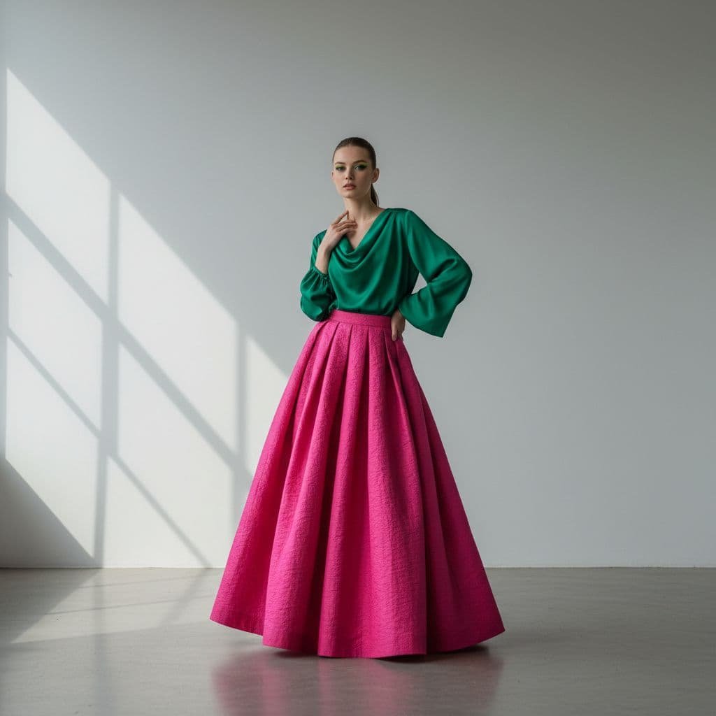 Model wears bright hot pink skirt and emerald green silk blouse in clean studio.