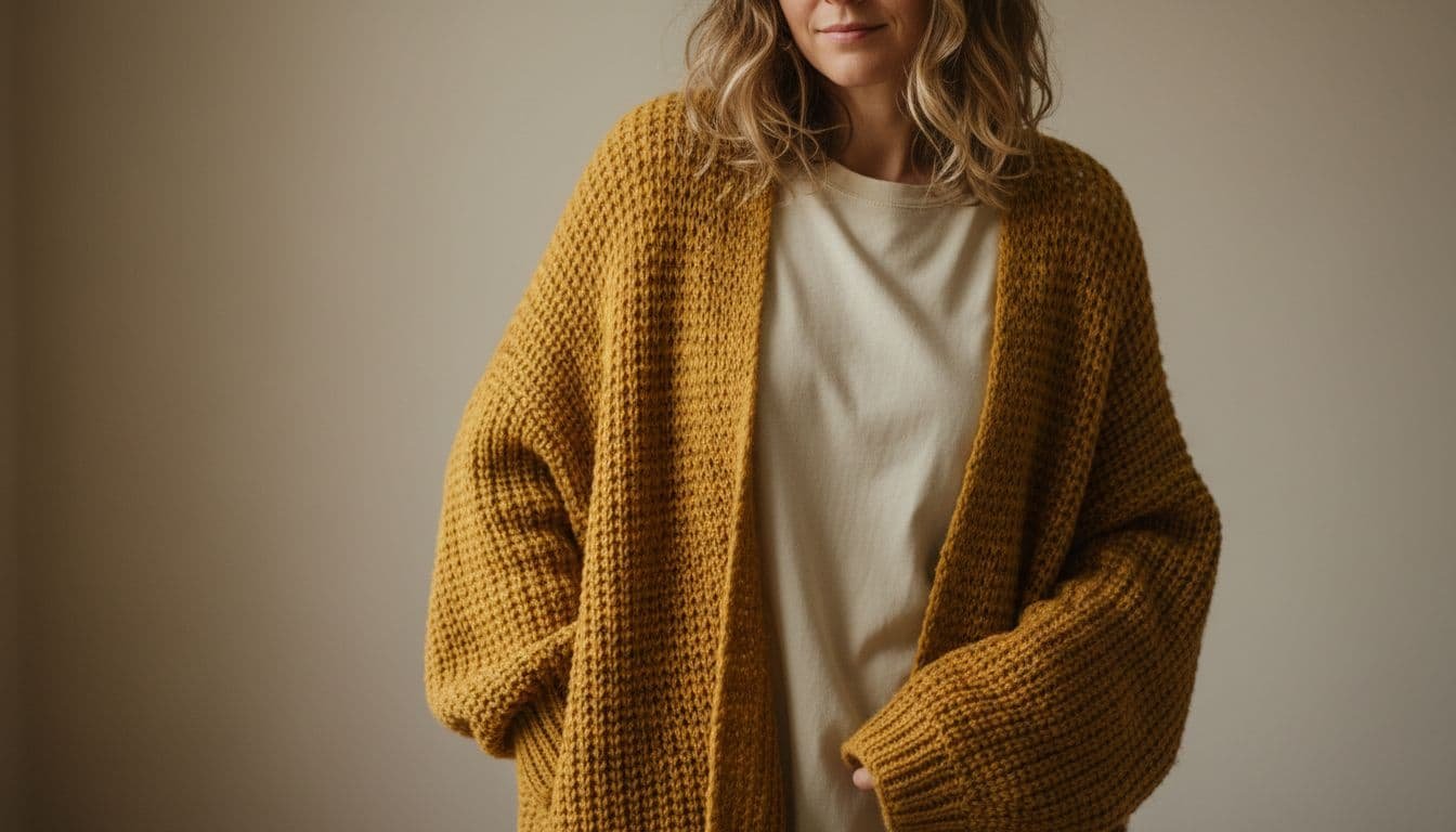 A close-up view of a person wearing a bright mustard-yellow floor-length knitted cardigan over a neutral shirt.