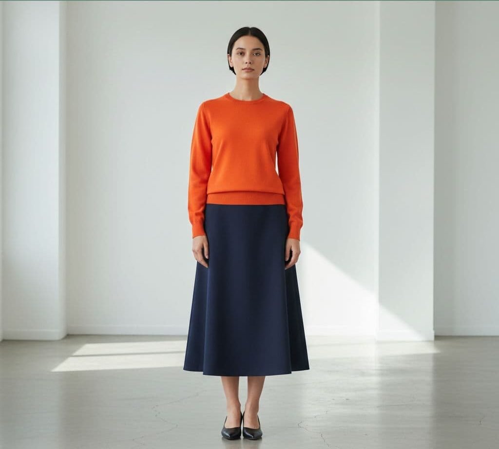 A person wears a bright orange sweater tucked into a navy blue skirt against a white wall.