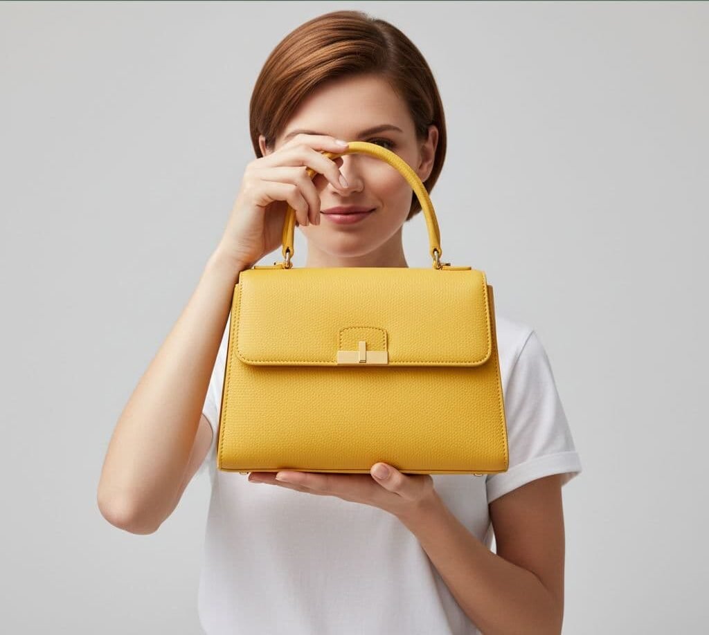 A person in a plain white shirt holds a vibrant yellow handbag against a studio backdrop.