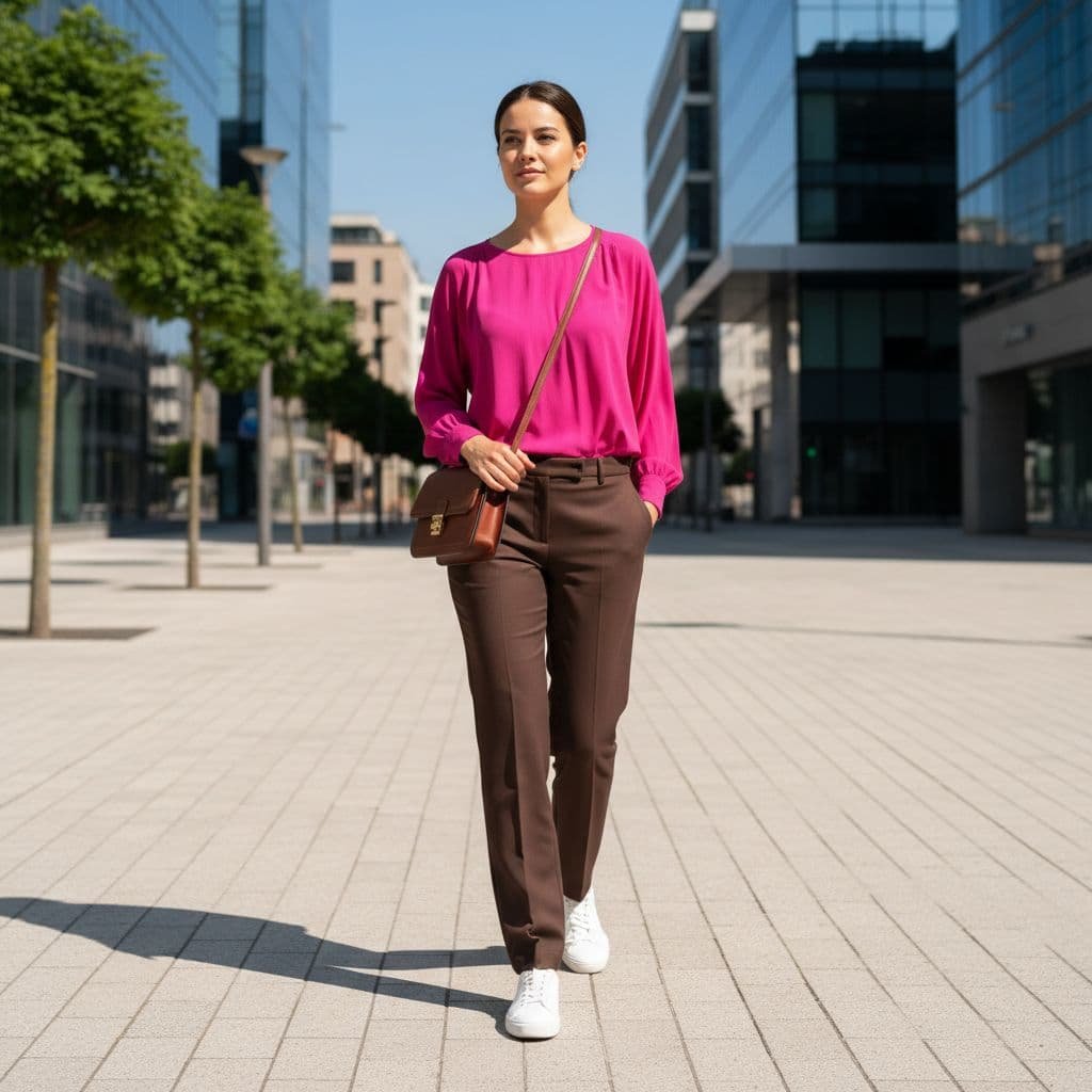A person walks confidently in an urban setting wearing chocolate brown trousers and a vibrant fuchsia top.