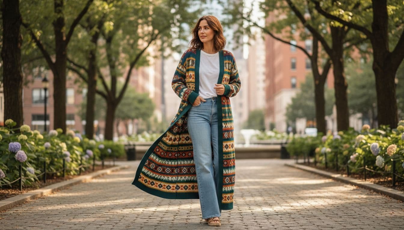 A person stands in a sunlit urban park wearing a long, colorful knitted floor-length cardigan.