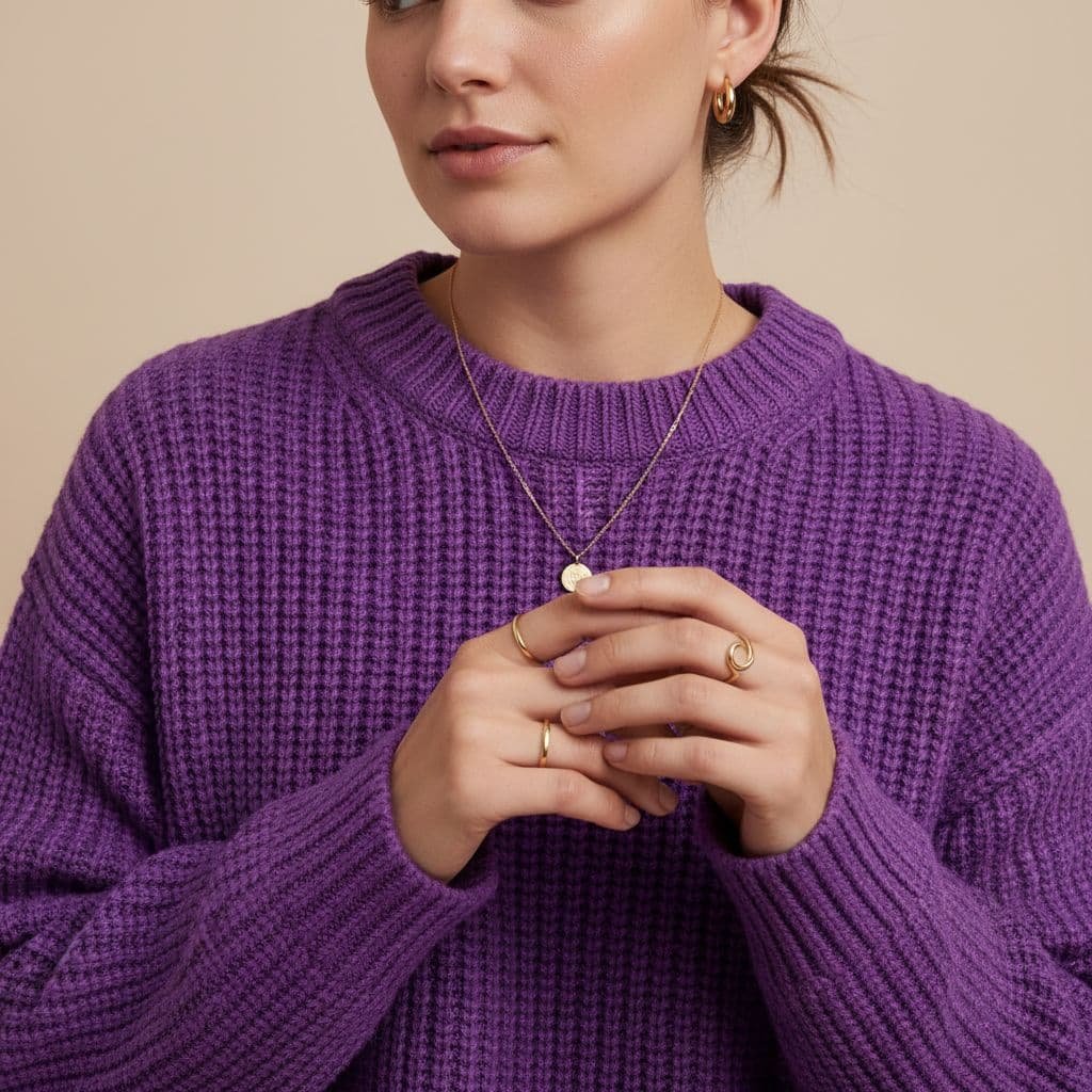A person wears a bright violet knit sweater paired with minimalist gold hoop earrings and a delicate chain.