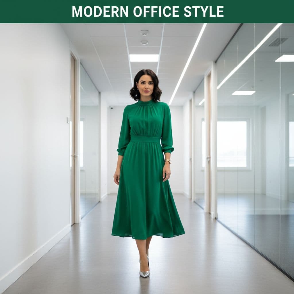 A woman wears a vibrant emerald green midi dress while standing in a modern office hallway.