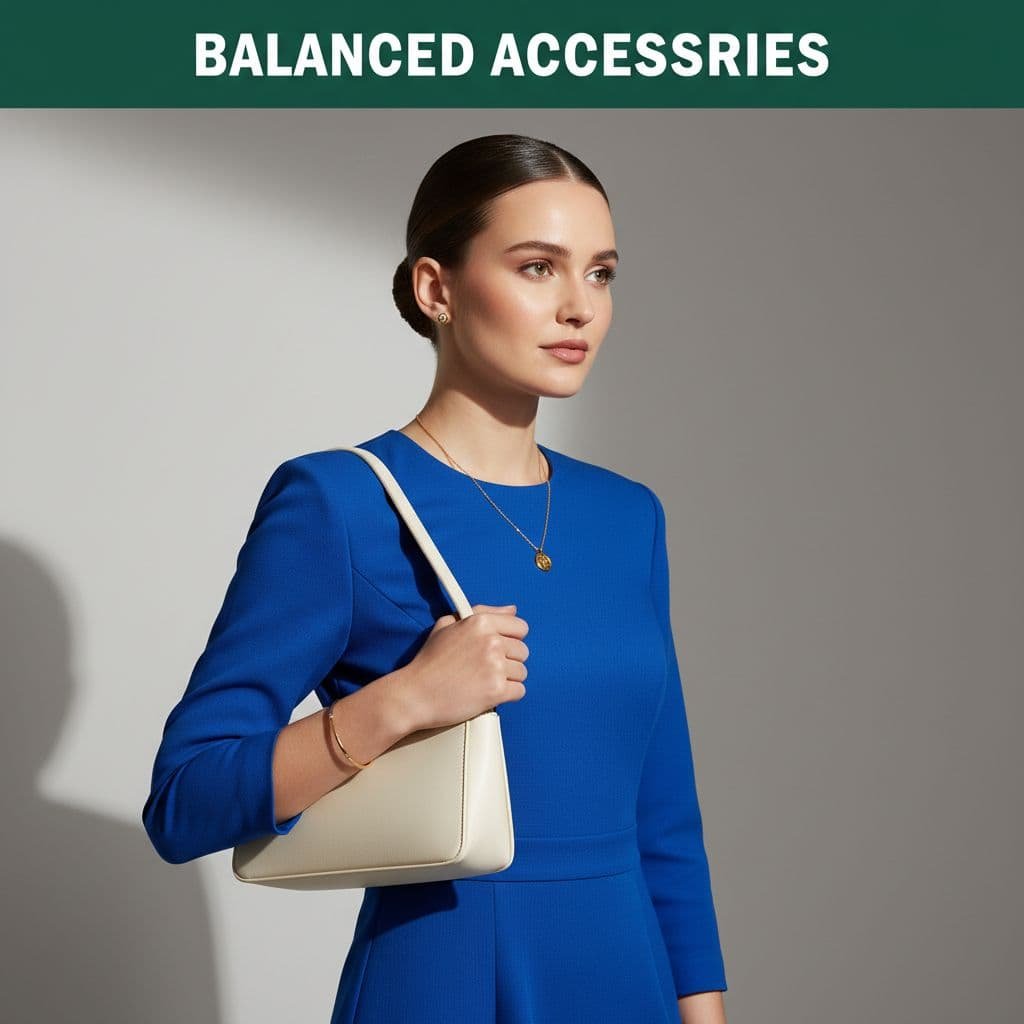 A person wears a bold cobalt blue dress paired with a neutral leather handbag and gold jewelry.