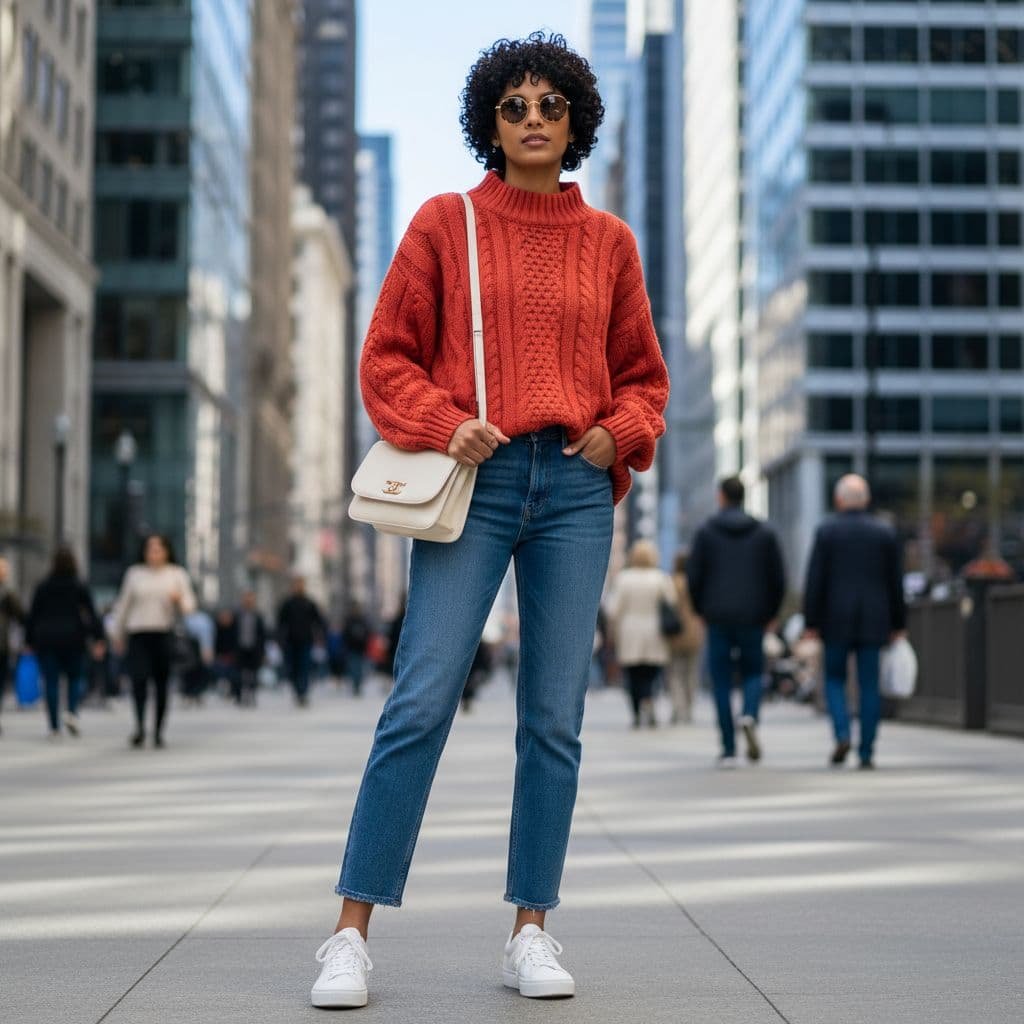 A stylish person stands on a city sidewalk wearing a bright coral chunky sweater and blue jeans.