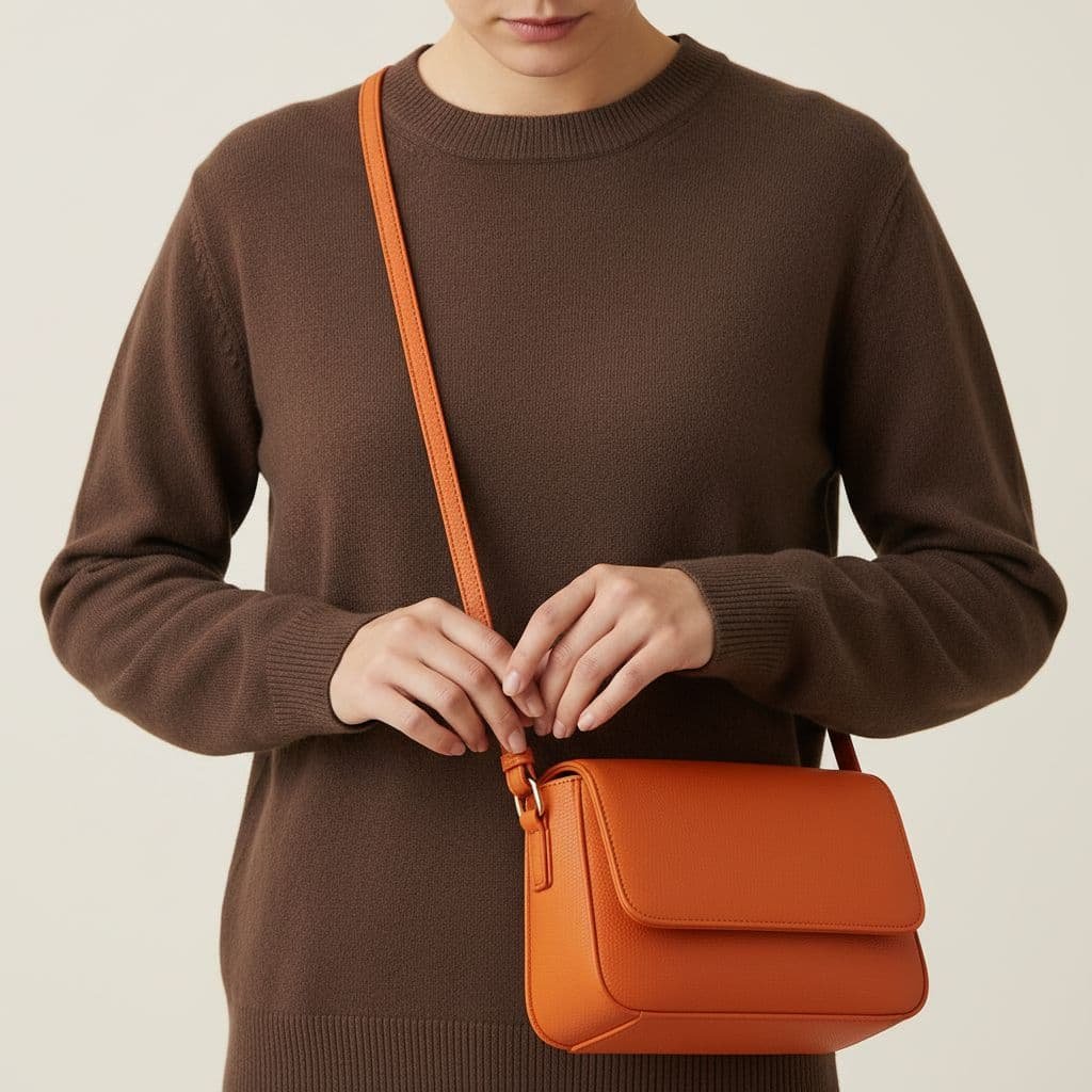 A person wears a chocolate brown sweater accessorized with a bright tangerine orange bag against a neutral background.
