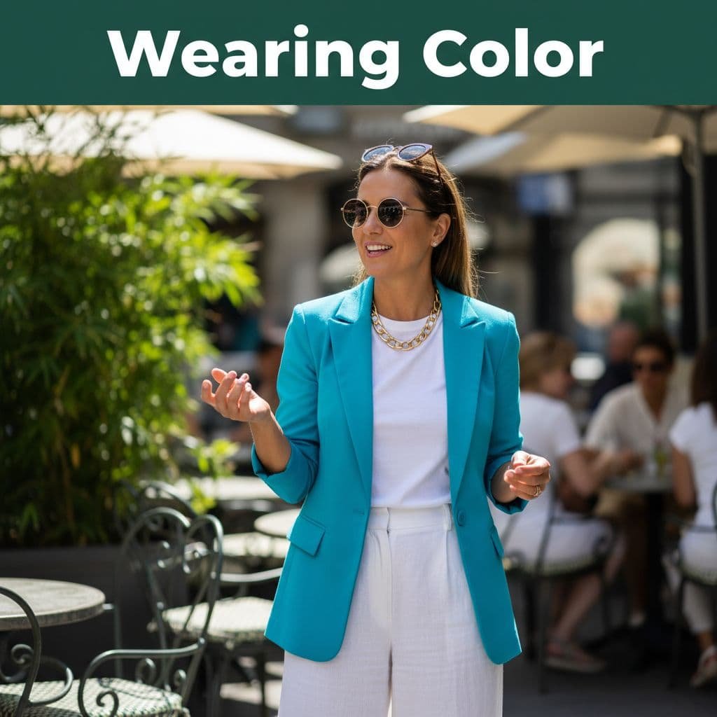 Person in turquoise blazer and white pants talks at casual outdoor cafe with dark-green 'Wearing Color' band at top.