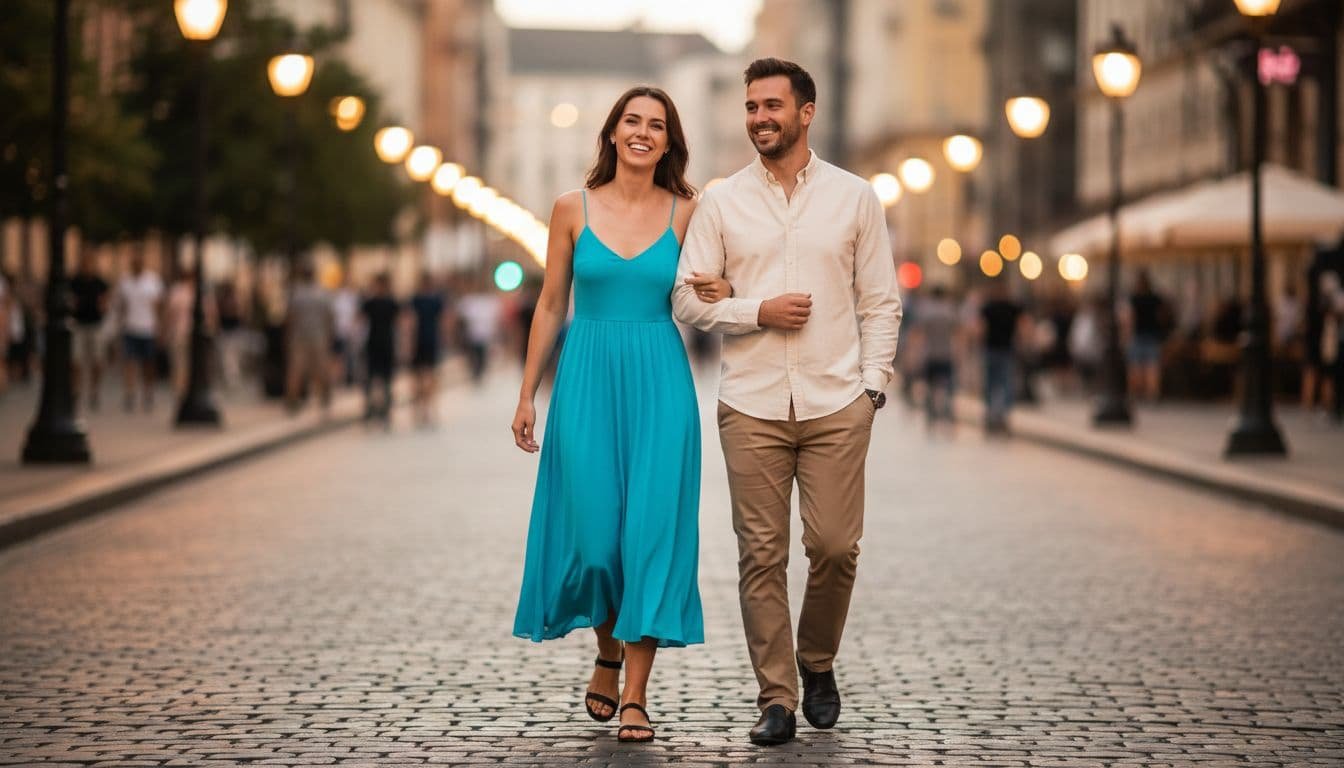 Smiling woman in flowy turquoise midi dress walks arm-in-arm with man on cobblestone street at twilight, bokeh city lights background.
