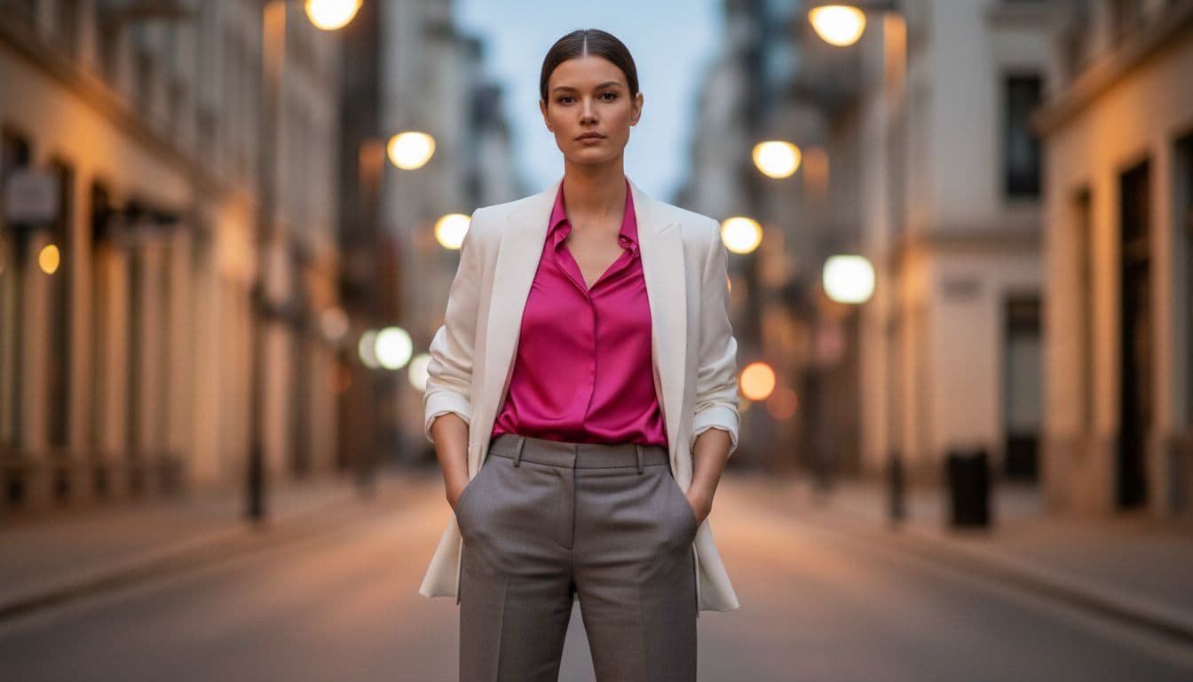 Woman in gray trousers, white blazer, and pink blouse stands relaxed with hands in pockets on urban street at dusk.