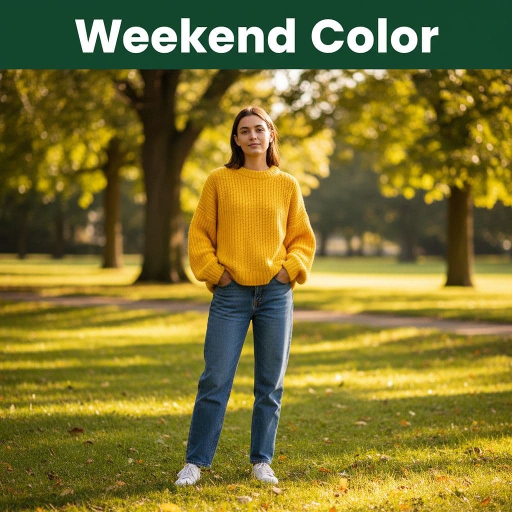 Person in yellow knitted sweater and blue jeans stands in sunlit park with dark-green 'Weekend Color' band at top.