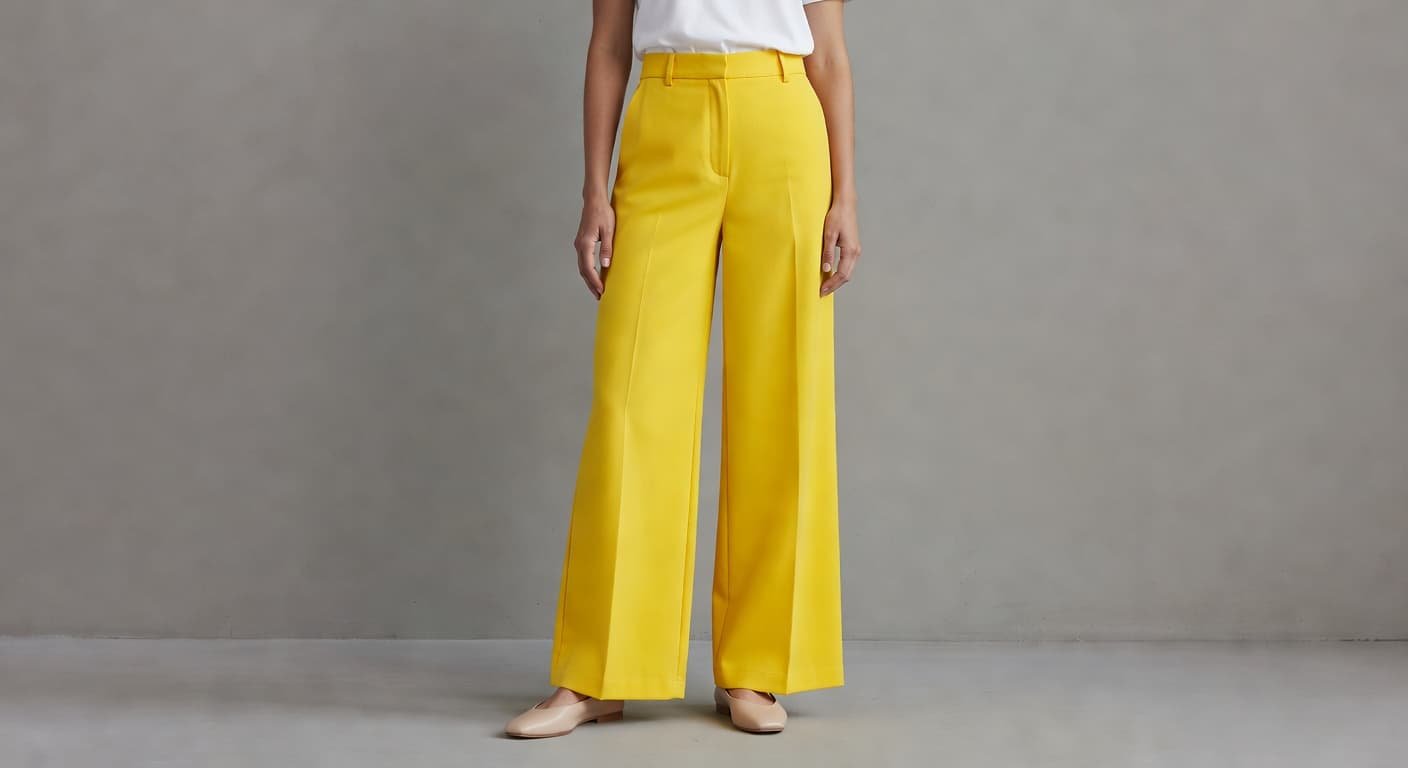 A stylish individual poses against a neutral gray wall, wearing vivid yellow trousers paired with a clean white t-shirt. Simple leather flats complete this balanced and minimalist editorial fashion look.
