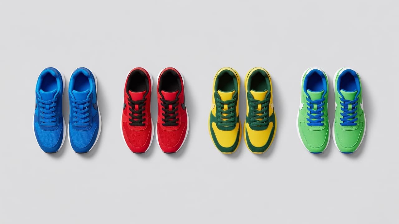 Four pairs of stylish sneakers in blue, red, yellow, and green are lined up neatly against a neutral grey wall. The soft lighting emphasizes the bold textures and clean design.