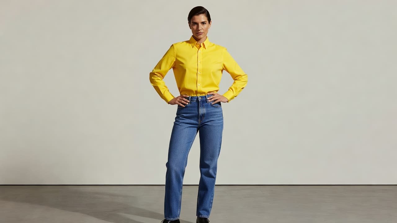 A person stands confidently in a minimalist studio, wearing a vibrant yellow button-down shirt tucked neatly into classic blue denim jeans. The clean, neutral background highlights the subject's bold color choice.