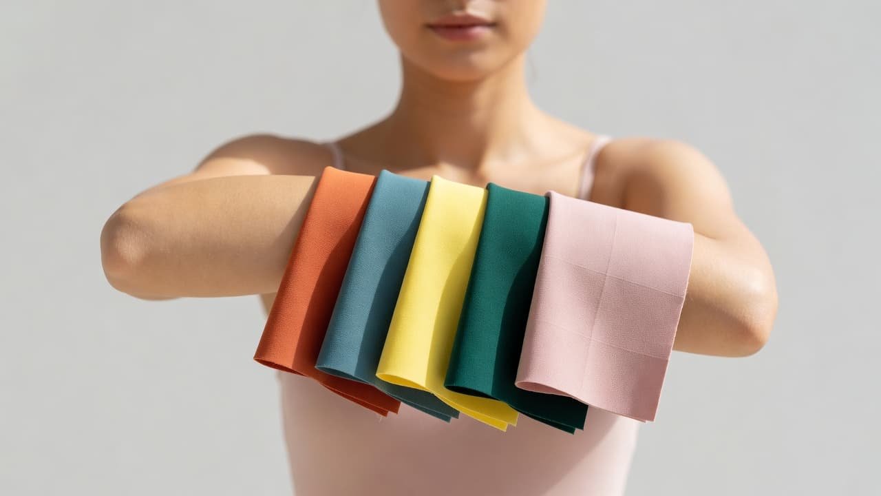 A person holds multiple vibrant fabric samples against their forearm to compare undertones. Soft natural sunlight illuminates the skin, highlighting the contrast between the various textile colors and the subject.