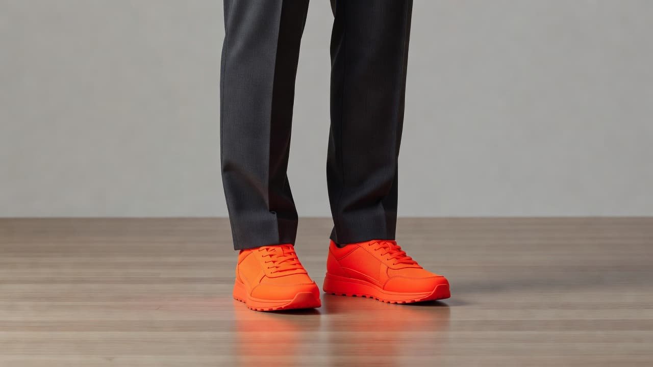 A close-up shot captures vibrant neon orange athletic sneakers worn beneath sleek charcoal grey trousers. The subject stands on a polished wooden floor, highlighting the contrast between bold colors and neutrals.