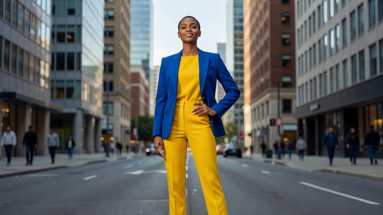 A stylish individual stands on a city sidewalk wearing a tailored outfit featuring bold yellow and deep cobalt blue hues. The natural afternoon sunlight highlights the sharp cut of the clothing.