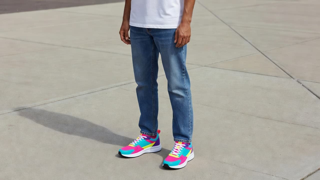A person stands on a grey concrete sidewalk wearing bright, multi-colored athletic sneakers, simple denim jeans, and a plain white tee. The low-angle shot highlights the vibrant footwear textures clearly.