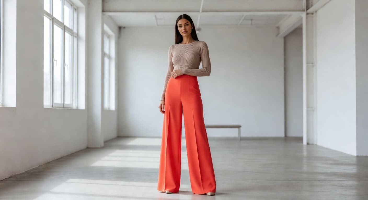A woman stands in a bright minimalist loft wearing vibrant coral wide-leg trousers and a fitted neutral sweater. Her confident posture highlights the balanced silhouette against the clean, open architectural backdrop.