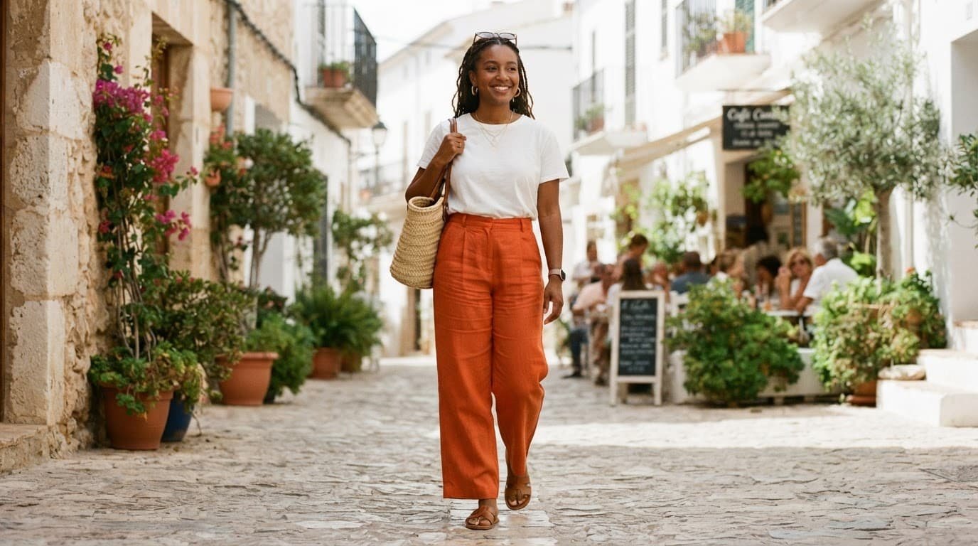 A woman wearing colorful linen trousers and a simple top in bright sunlight.