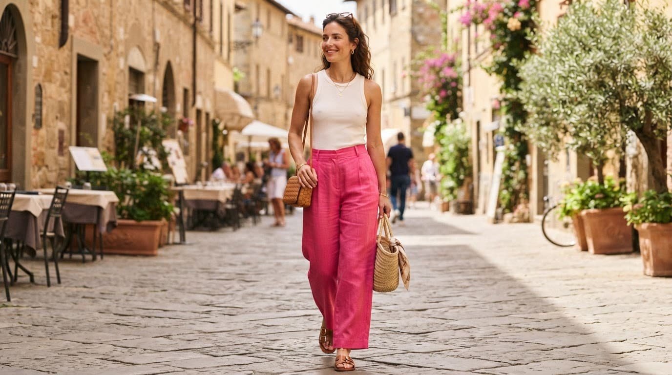 A woman wearing bright pink linen pants and a white top on a sunny street.