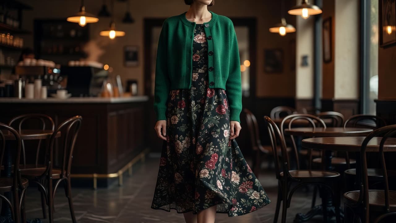 A stylish individual wears a buttoned emerald green cropped cardigan over a dark floral midi dress. The soft, ambient light of an evening cafe highlights the rich textures of the layered fabric.
