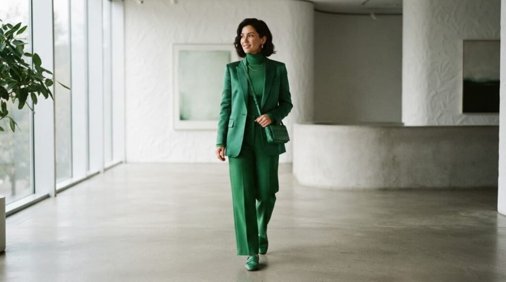 A person modeling vibrant emerald green attire in a minimal room.