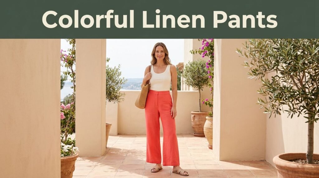 A woman in coral linen pants and an ivory tank top smiling on a sunny patio.