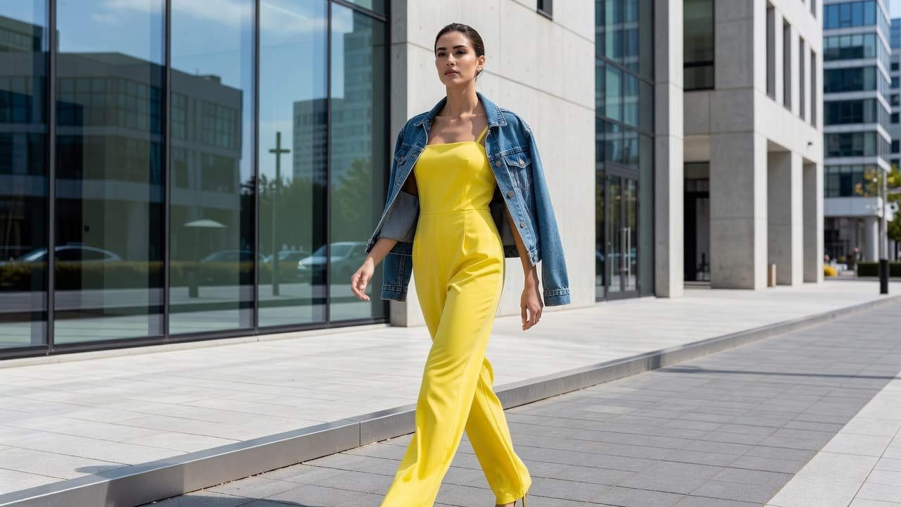 A woman walks down a city sidewalk wearing a vibrant yellow jumpsuit layered with a denim jacket draped over her shoulders. The bright daylight creates a clean and modern editorial aesthetic.