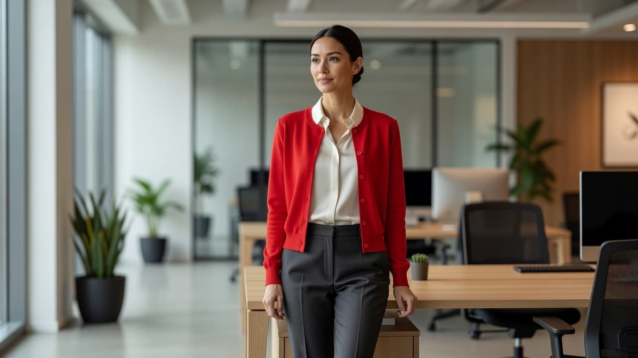 A professional stands in a minimalist office wearing a vibrant red cardigan over neutral layers. Large glass windows in the background fill the clean, modern workspace with bright, natural midday light.