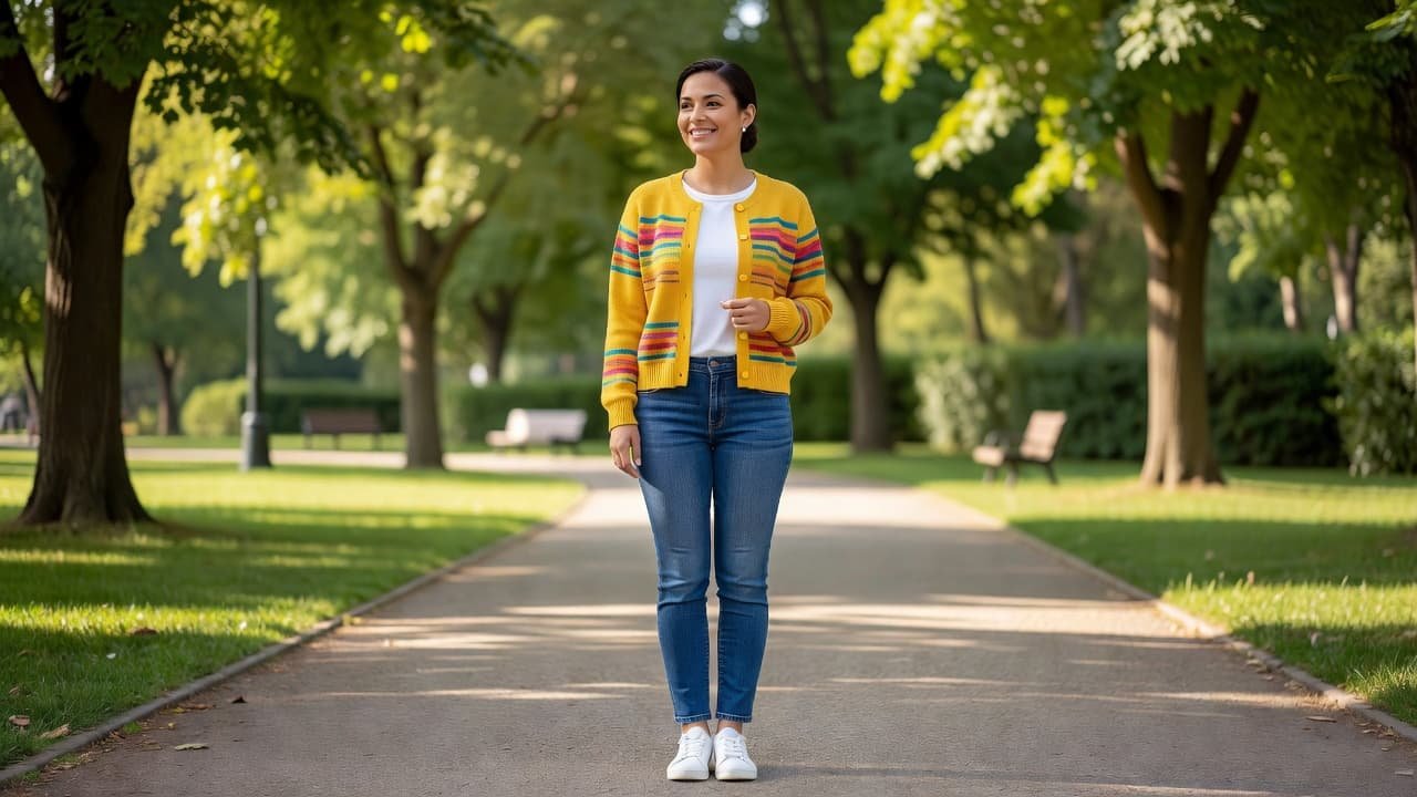 A woman stands in a sunlit park wearing a vibrant mustard yellow cardigan over a clean white t-shirt and classic blue jeans. The soft outdoor light highlights her confident fashion choice.