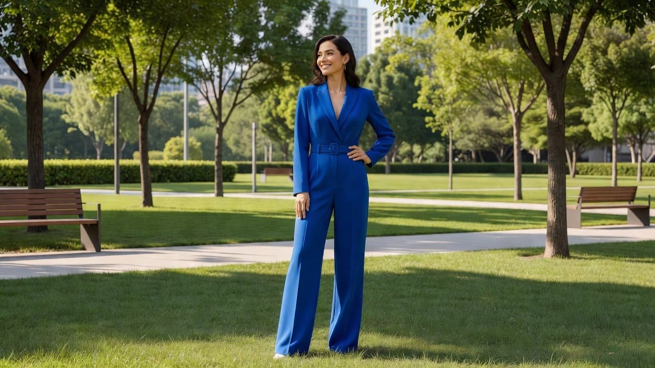 A stylish woman in a vibrant cobalt blue jumpsuit stands in a sunny park. Sunlight filters through the overhead tree canopy, highlighting the clean, modern silhouette of her colorful daytime outfit.