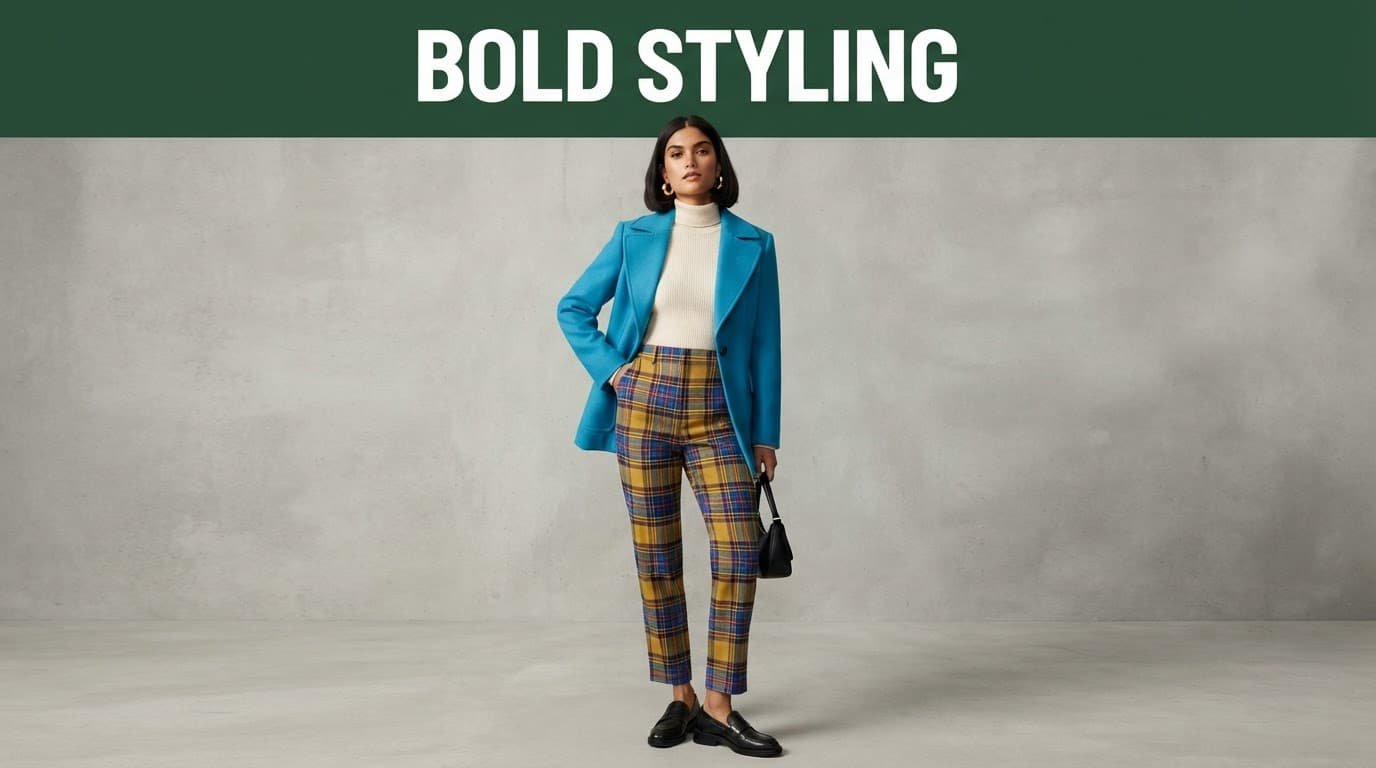 Model in plaid trousers and a bright jacket beneath a dark-green Bold Styling banner.