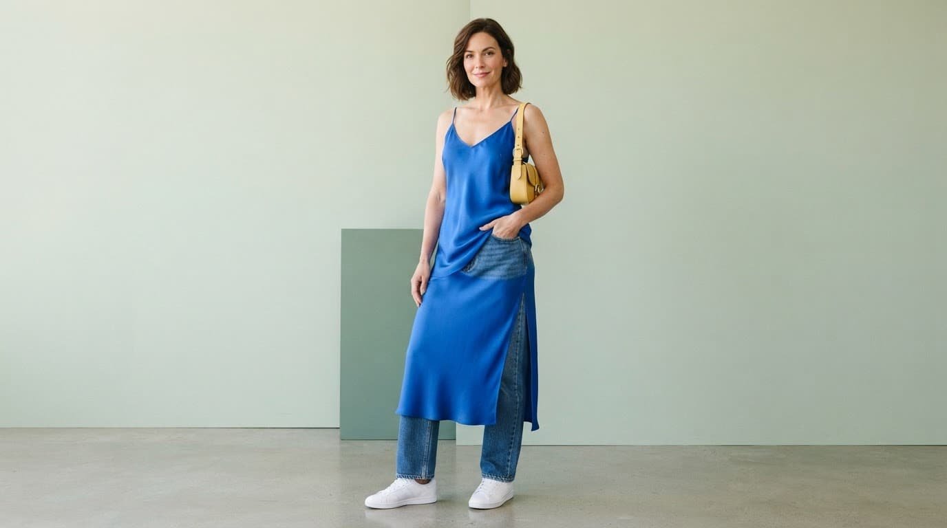 Woman wearing a blue dress over medium-wash jeans with sneakers and a yellow shoulder bag.