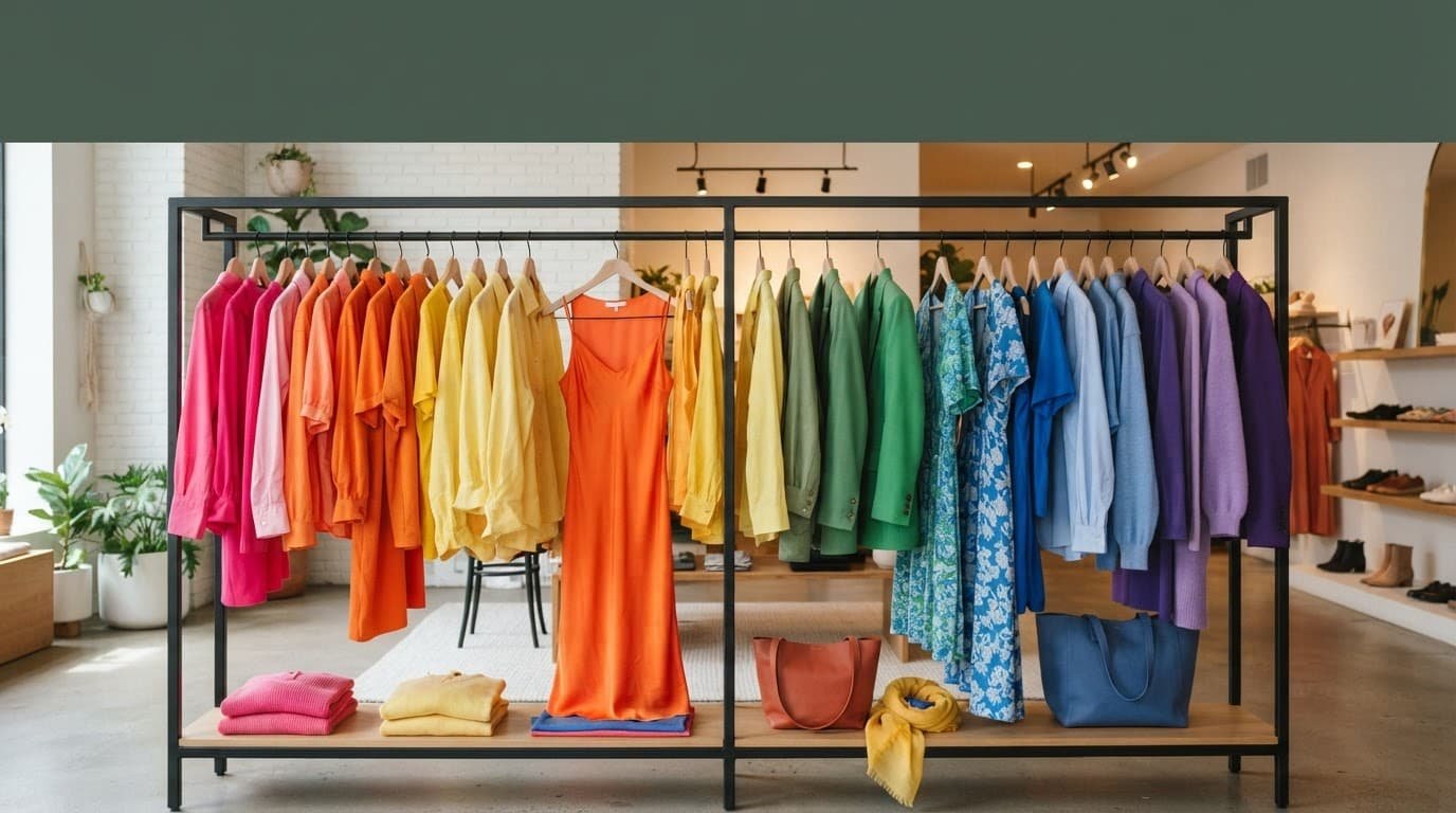 Colorful clothes and accessories arranged by color on a boutique rack.