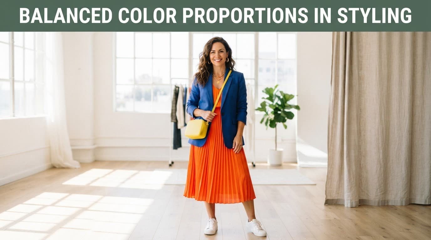 Woman in a colorful outfit standing in a bright studio with a dark-green band.