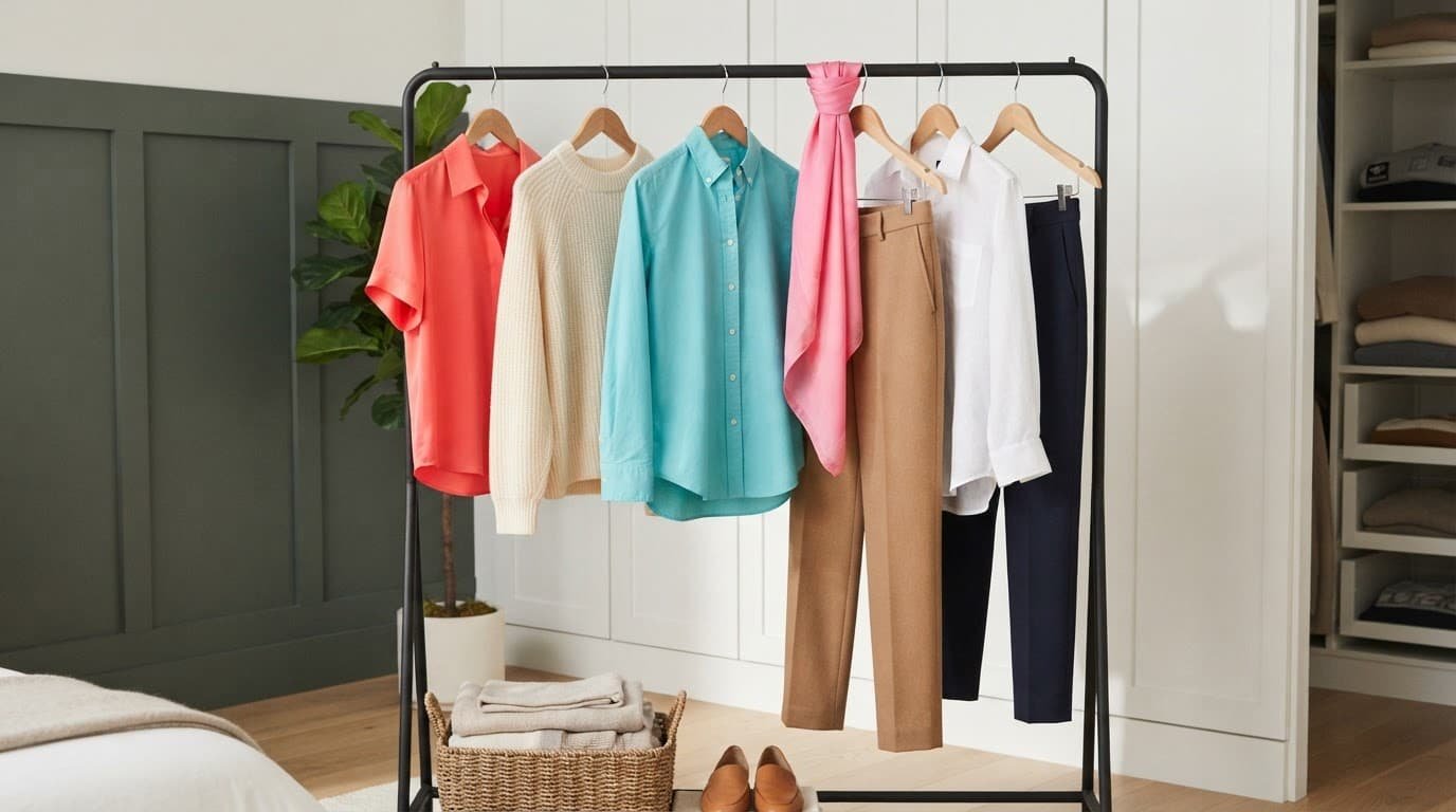A clothing rack pairs bright shirts with neutral knitwear and trousers.