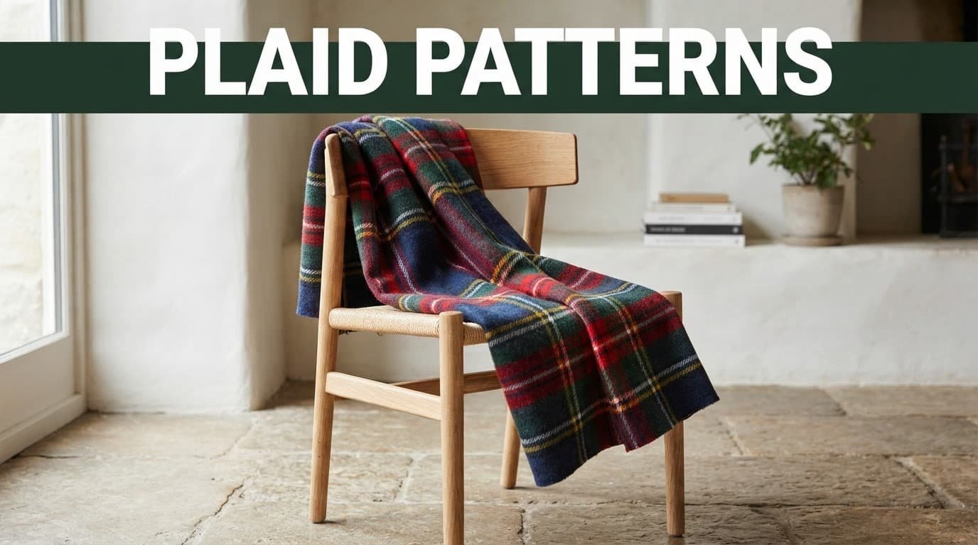 Brightly patterned textile draped over a wooden chair beneath a green headline band.