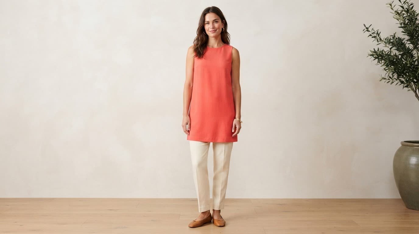 Woman in a coral dress layered over cream tailored trousers in a bright studio.