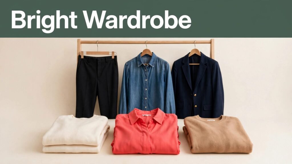 A clothing rack and folded clothes with a bright coral blouse on an ivory background.
