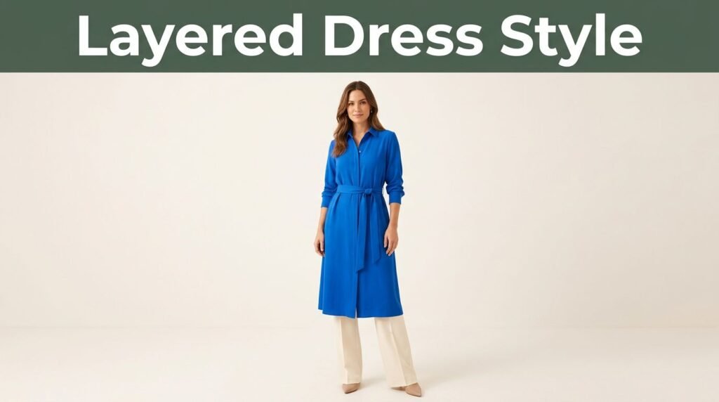 Woman wearing a blue dress over cream wide-leg pants in a minimalist studio.