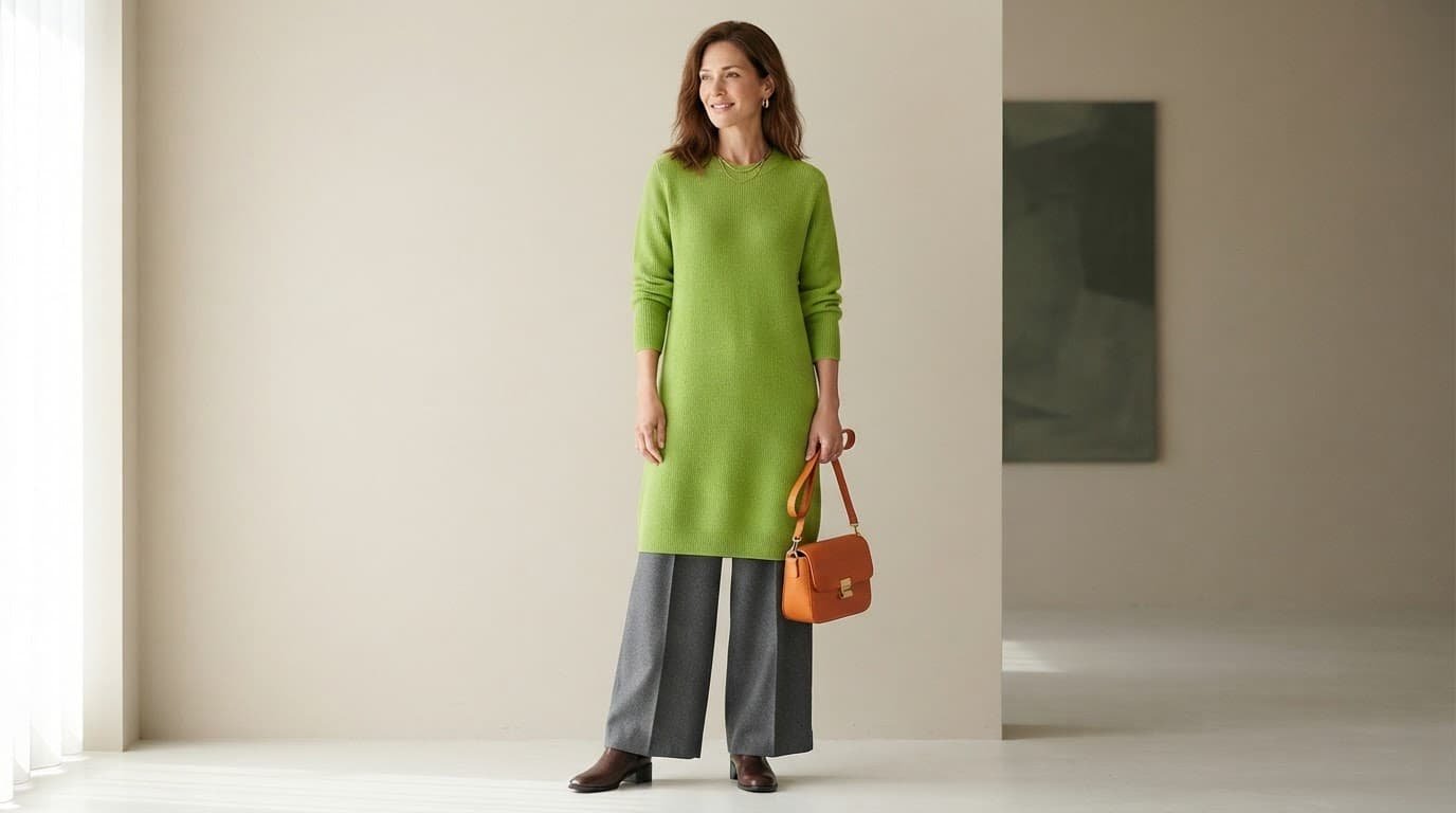Woman in a lime knit dress over charcoal pants with boots and an orange handbag.