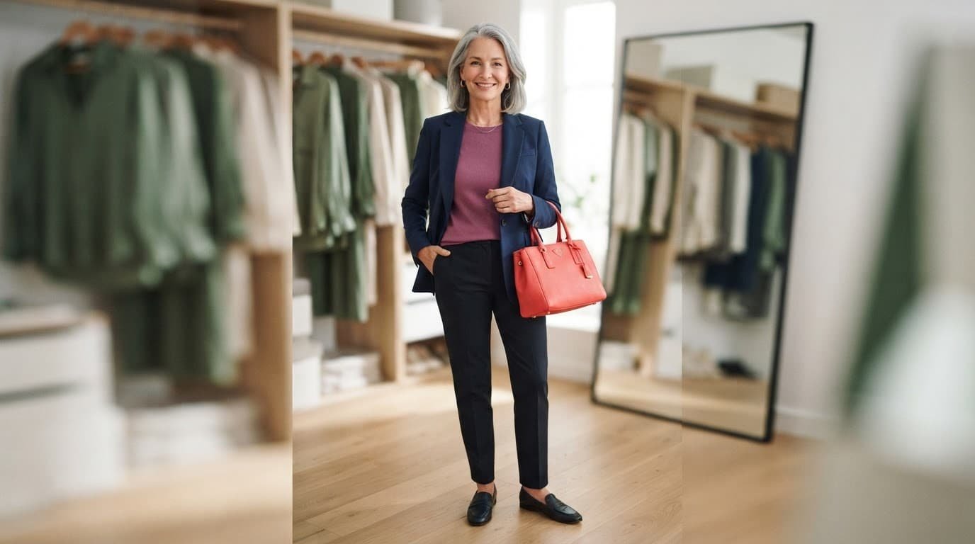 Mature woman in a navy jacket, berry top, and coral handbag in a bright wardrobe area.